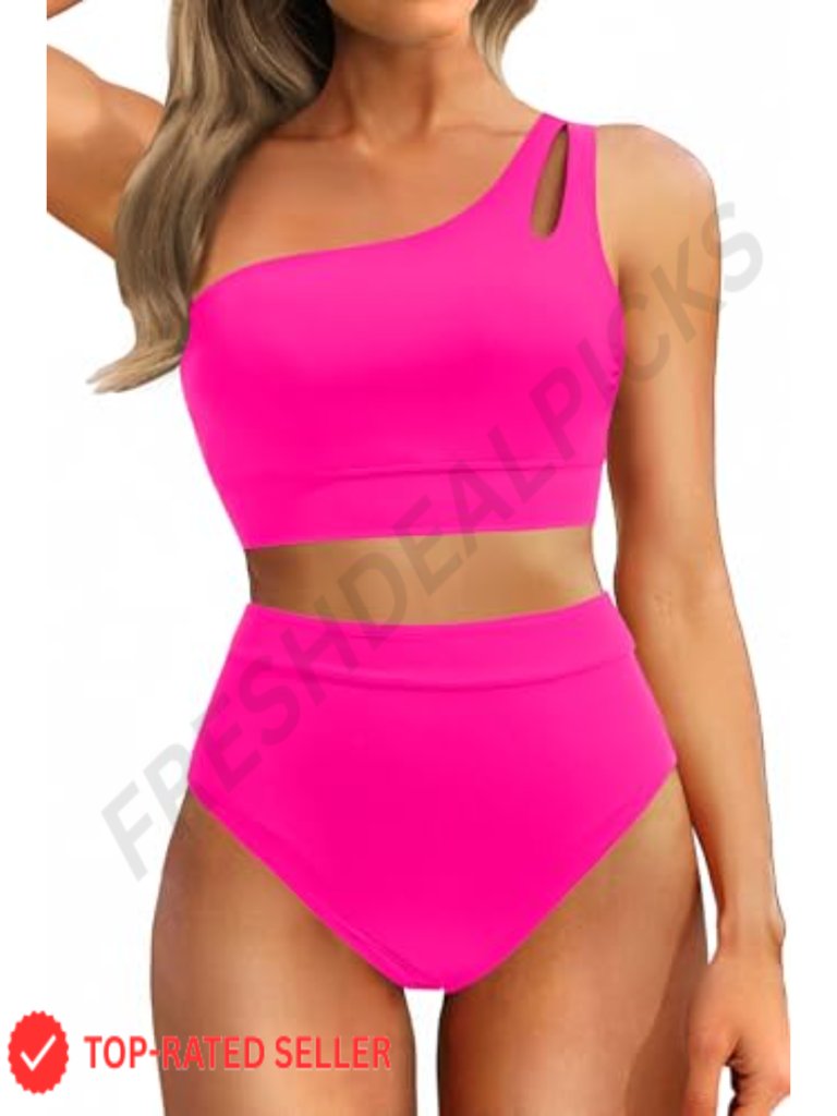 Two Piece High Waisted Tummy Control Swimsuits For Women - One Shoulder Bikini